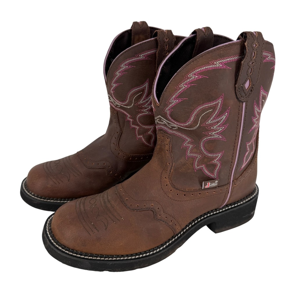 Justin Gypsy L9903 Womens 11B Brown Leather Pink Western Cowgirl Boots Short